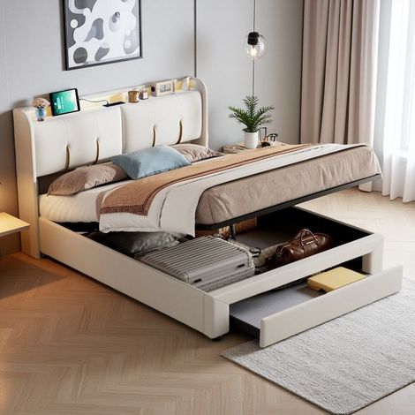 Cama Doble 140x200 - Cama Cofre Hidráulica - Almacenamiento LED - Cajones - Terciopelo Blanco