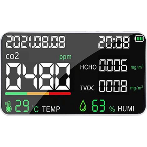 Détecteur de CO2 Rechargeable USB 1200mAh - Mesure CO2, HCHO, Humidité et Température - Alimentation 5V - Blanc (1/5)
