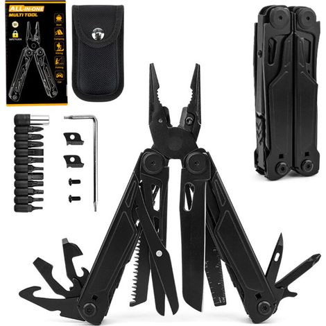 Pince Multifonction en Acier Inoxydable 16 en 1 avec Structure Autoverrouillée, Couteau avec Scie, Tournevis, Règle, Lime, Ouvre-Boîte pour Survie