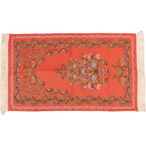Tapis de prière élégant double couche avec broderie décorative et pompons, orange rouge, pour salon, maison, camping, usage polyvalent musulman. (1/5)