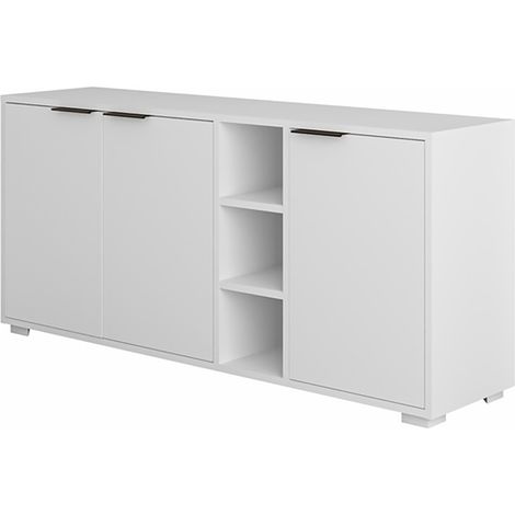 Buffet commode à 3 portes Meuble de rangement coloris Blanc - Longueur 142 x Hauteur 66 x Profondeur 36 cm (1/5)