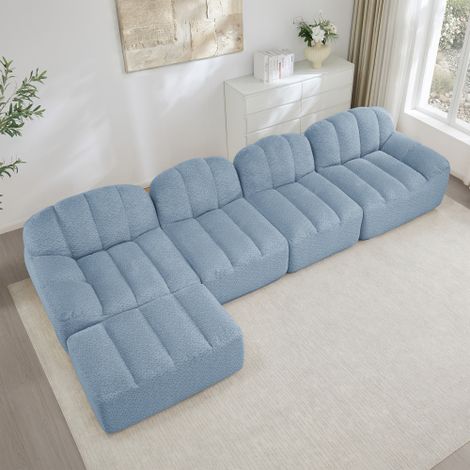 Canapé 4 places bleu coquillage sans armature + 1 pouf, mousse 32D, sans montage, pour salon, appartement et chambre. (1/5)
