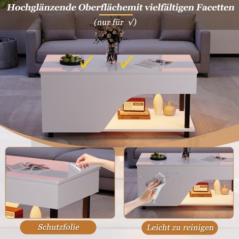 Table basse de salon 50x100x46 cm, réglable en hauteur, table d'appoint avec rangement caché, table de café ajourée, table de canapé LED brillante, table à thé avec étagère latérale, blanc (1/5)