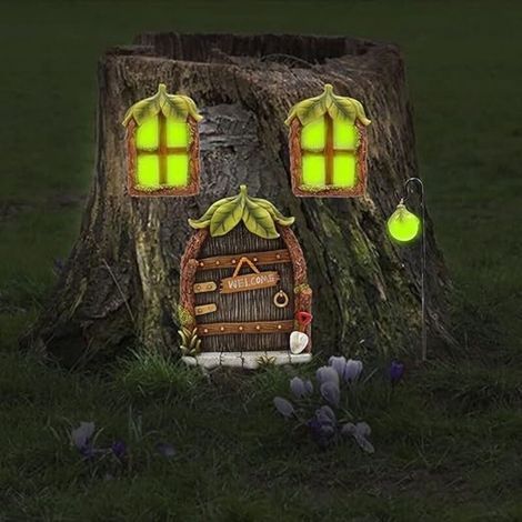 Portes et Fenêtre de Fée Miniatures Lumineux,Fenêtre et Porte de Maison Miniature,Statues Arbre de Porte et de Fée GNOME Miniature,Décoration de Jardin d'arbre de Porte de Féerique,Brille dans le Noir (1/5)