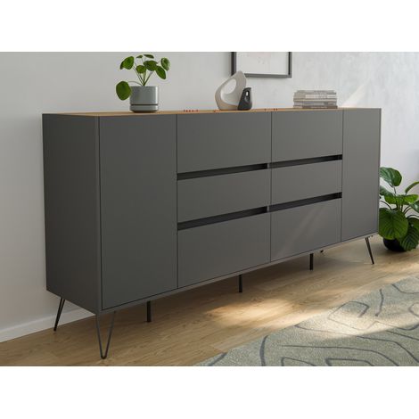 Sideboard Kommode Yako 200cm Greifraum 6 SoftClose 2 Türen Grafit/Eiche Top (1/5)