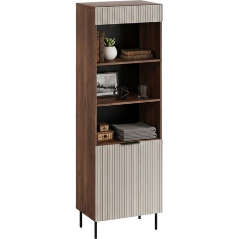 Libreria Agri, Mobile portalibri con vani aperti e un'anta, Design moderno e minimale, 185x42 h60 cm, Noce e Beige