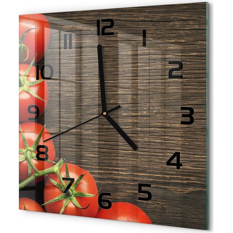 Horloge Murale Carrée Déco Salon Verre Trempé Silencieuse Design Contemporain Tomates sur bois 30x30 cm (1/5)