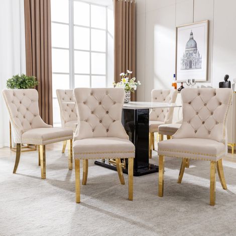 Chaises de salle à manger 2 pcs en velours beige avec anneau décoratif arrière et pieds en acier inoxydable doré. (1/5)