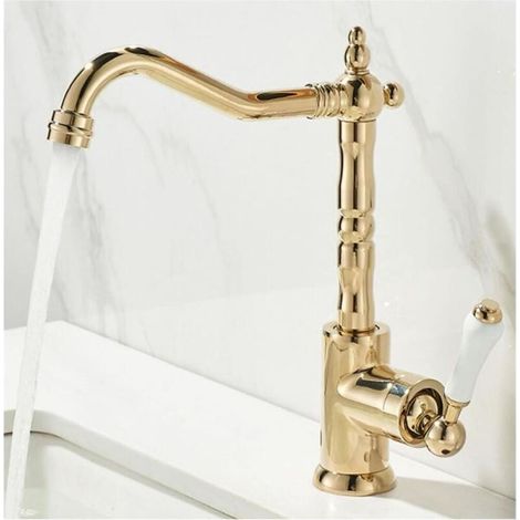 Retro kitchen sink faucet, brass basin mixer tap, bathroom basin faucet single handle swivel bathroom faucet, gold (1/5)
