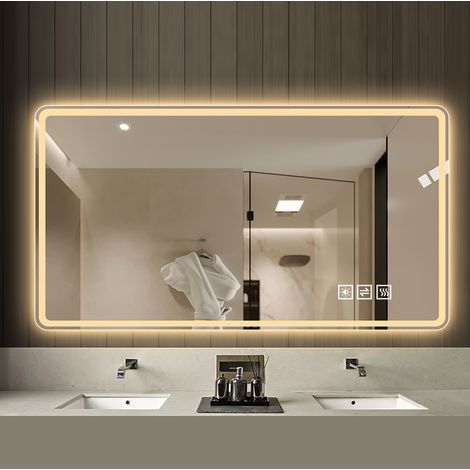 REDOM - Espejo de baño LED - 60x100 cm - antivaho - 3 colores de luz - intensidad regulable - vidrio templado plateado
