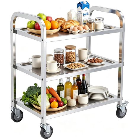 Chariot de Service INOX 3 Etagères de Rangement avec roulettes 4 Tailles au Choix (85 45 90cm) (1/5)