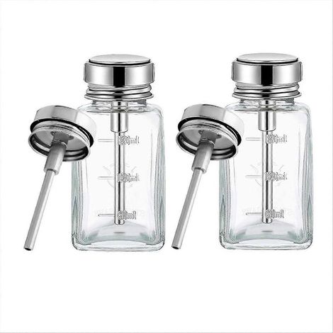 Lot de 2 flacons distributeurs à pompe transparents de 180 ml avec couvercle à charnière en métal et flacon distributeur en verre à pression. (1/5)