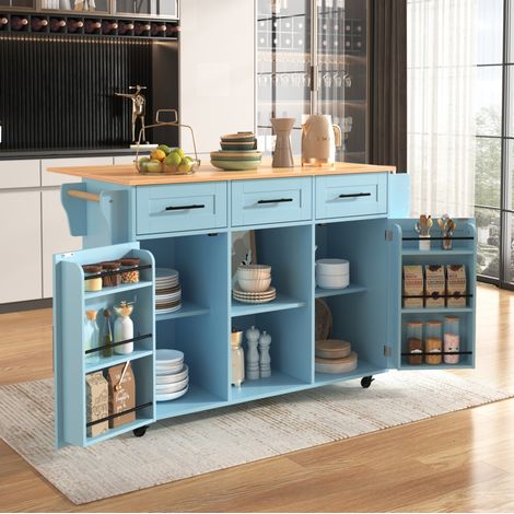 Desserte de cuisine 139 x 46/71 x 91,5 cm avec plateau rabattable, roulettes, bleu DESVIAE (1/5)
