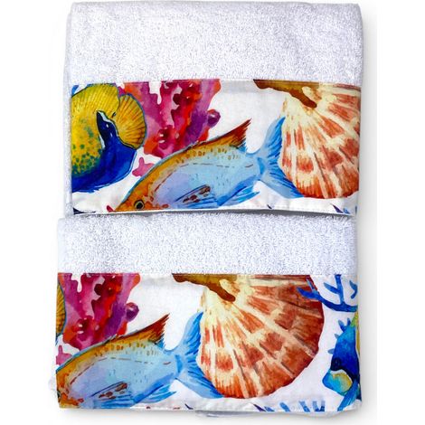 Set Asciugamani Mare Bianco 500 g/m² 100% Cotone   1 Asciugamano 60x110 + 1 Ospite 40x60 con Balza Acquario Pesci
