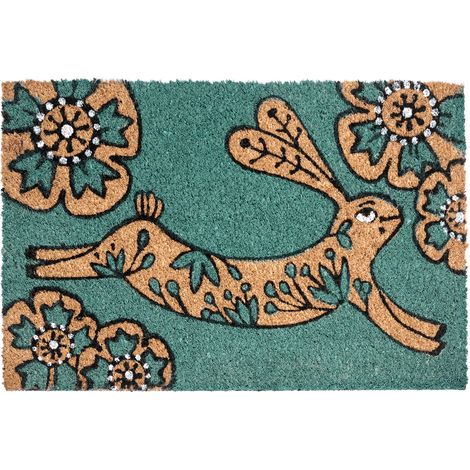 Felpudo moderno para interior y exterior 40 x 60 cm motivo conejo fibra de coco dorso de PVC antideslizante verde azulado Clark