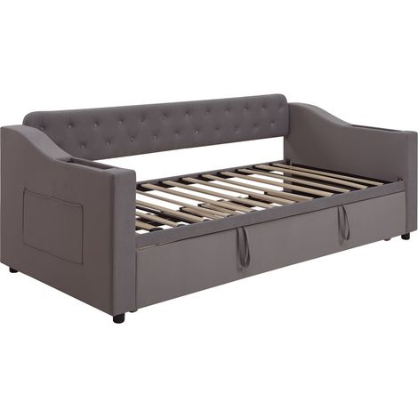 Lit banquette capitonné 90/180x190 cm gris foncé, velours, ports USB, rangements, sommier (1/5)