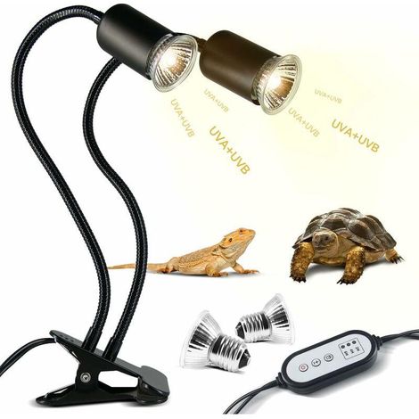 Lampe Chauffante Tortue à Deux Têtes, 25W+50W Reptiles Lampe Tortue Terrestre E27 UVA+UVB Lampe Tortue Terrestre avec 2 Ampoule Basking Spot et Minuterie pour Tortues Reptiles Lézards Serpents (1/5)