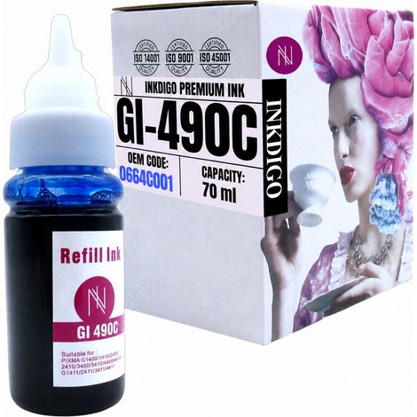 Inchiostro Inkdigo GI490C compatibile con Canon Pixma G1400 G2411 G3411 G1411, certificato TÜV. (1/5)