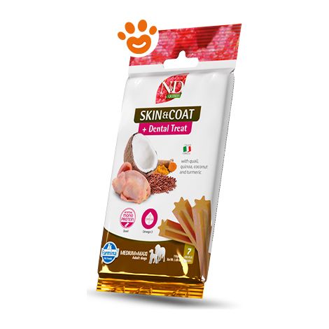 Farmina Dog Snack Dental Treat N&D Quinoa Skin&Coat Quaglia Medium/Maxi - Confezione 100 Gr - Snack