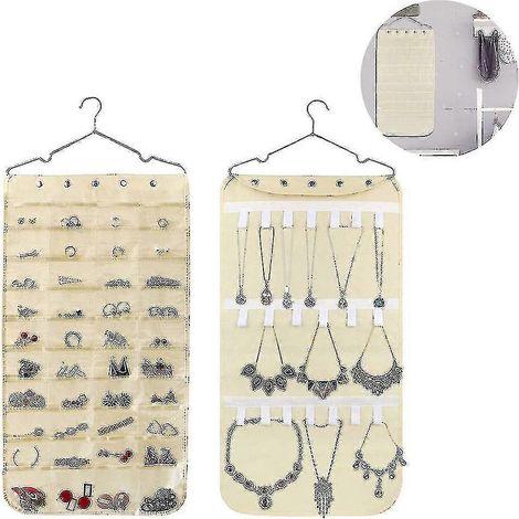 Organisateur de bijoux suspendu double face, 40 poches et 20 crochets à bande auto-agrippante pour colliers et bracelets (1/5)