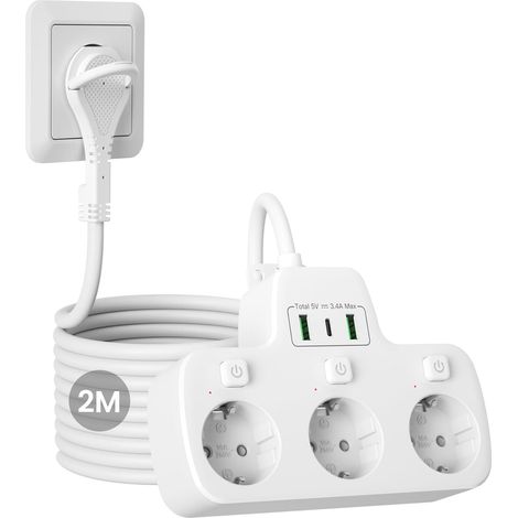 Multiprise 3 Prises avec Fiche Plate,Bloc Multiprise Electrique avec USB C  Prise Multiple Murale avec Interrupteur Individuel, Adaptée à Prise Plate Derriere Meuble, Triple Rallonge 2 m Câble, Blanc (1/5)