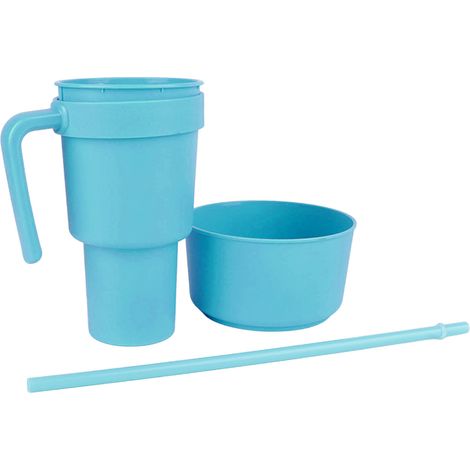2-in-1-Snackbecher mit Strohhalm, große Öffnung, Kunststoffbecher, ideal als Snackschale für Kino, Zuhause und Reisen, Hellblau (1/5)