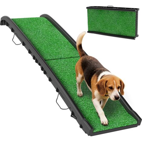 Rampe chien gazon artificiel 155 cm – Pliable voiture, angle réglable, poignée – Verte
