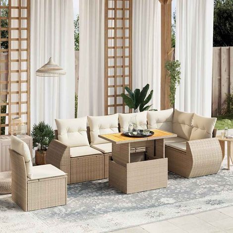 Canapé de jardin 7 pièces en résine tressée beige avec coussins déhoussables – Table réglable 100x55 cm (1/3)