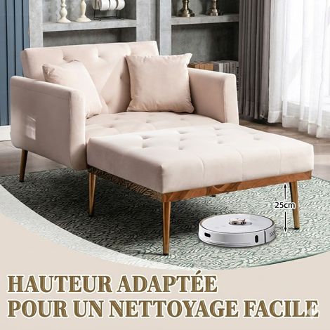 poltrona convertibile 165x90x77cm - schienale reclinabile (3 posizioni) con 2 cuscini - ideale per soggiorno, camera da letto e ufficio - velluto - beige (1/5)