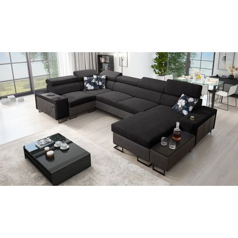 Großes Ecksofa für das Wohnzimmer mit Bar und Schlaffunktion MELODY IV MINI Tauro/Freya Graphit/Schw (1/5)