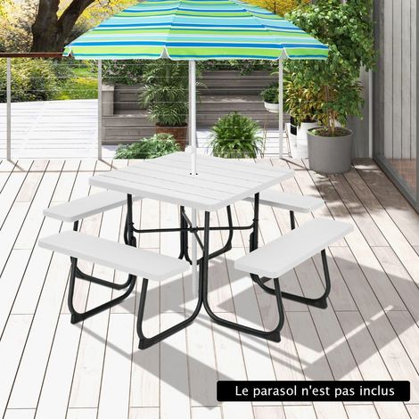 Ensemble Table de Pique-nique avec 4 Bancs Intégrés Tbale de PIque-nique Carrée 135KG Trou pou Parasol 170x170x76cm Blanc CW8020 Maison Chic (1/3)
