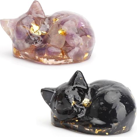 2 Figurine de chat, Cristal d'améthyste et Obsidienne, Sculpture de chat dormant, Décoration de bureau, Cadeau pour amoureux des chats