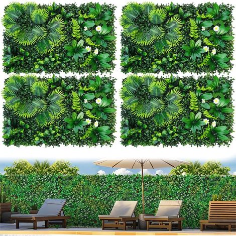 Lot de 4 murs végétaux artificiels, haies artificielles, clôtures d'intimité avec protection UV, toile de fond en verdure artificielle, 60 cm x 40 cm (1/5)
