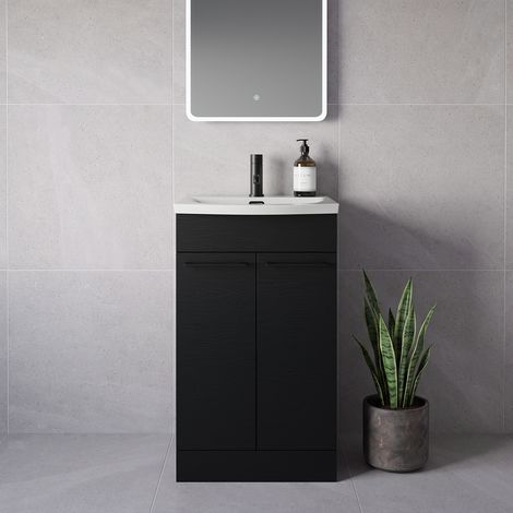 Napoli 390 Nero Oak 500mm 2 Door Vanity Unit with Arc Basin - 500mm - Matt Black 160mm Handle