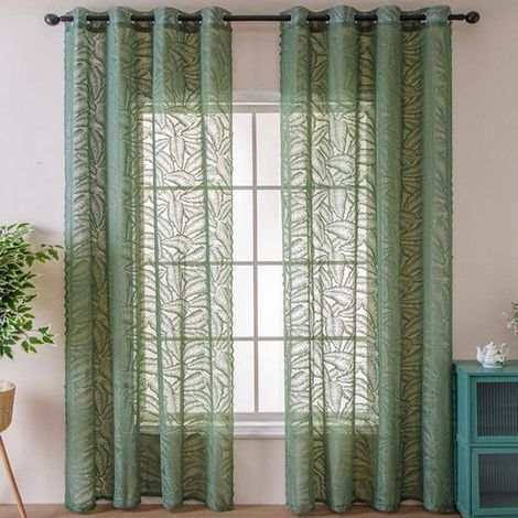 Transparente Vorhänge mit Olivenblattmuster - 2 Stück, 140 x 100 cm, mit Ringen - geeignet zur Fensterdekoration. (1/2)