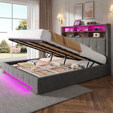 Lit 2 personnes 180x200 cm avec port USB-C et éclairage LED, lit coffre avec sommier hydraulique, tête de lit avec 6 compartiments, poches, gris (1/5)