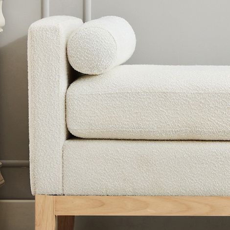 Banquette rembourrée avec pieds en bois et 2 coussins ronds, pour chambre, salon et entrée, couleur ivoire (1/5)