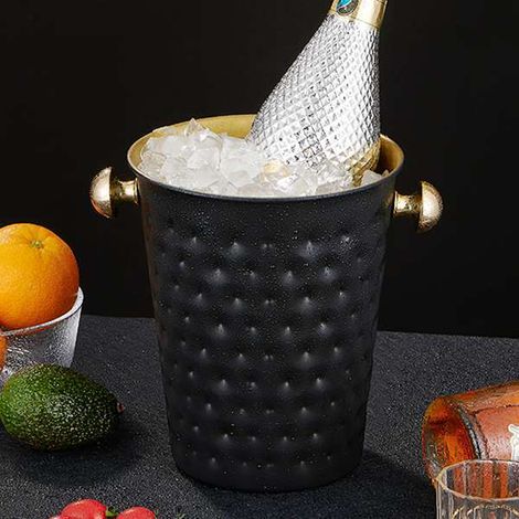 1 schwarzer Edelstahl-Eiskübel, Wein-/Champagnerkühler, luxuriöser und kreativer, gehämmert strukturierter Kübel für den Heimgebrauch