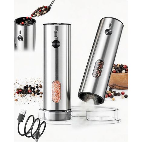 Moulin à sel et poivre électrique en acier inoxydable, remplissage par le haut, réglage du degré de mouture sur 5 niveaux, capacité de 120 ml, lot de 2, chargement USB séparé, avec station de chargeme (1/5)