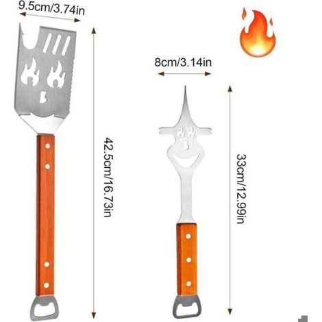 Kit Barbecue 8 En 1 - Spatule 42 Cm Fourchette 33 Cm Manche Acier Inoxydable Bois - Pour Barbecue Extérieur Camping Pique-Nique - 1 Set (1/4)