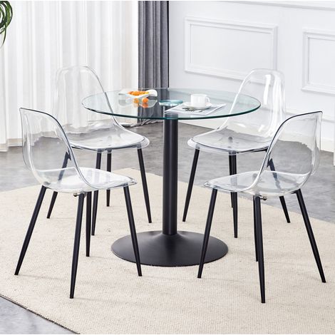 Ensemble table à manger ronde 85 cm en verre trempé avec 4 chaises transparentes REDOM (1/5)