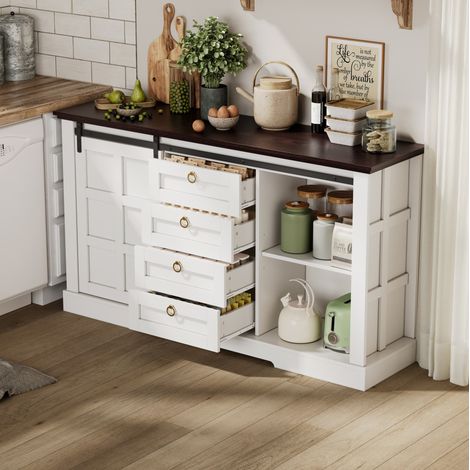 Sideboard en MDF blanc 150x40x85 cm avec portes coulissantes, 4 tiroirs et étagères réglables (1/5)