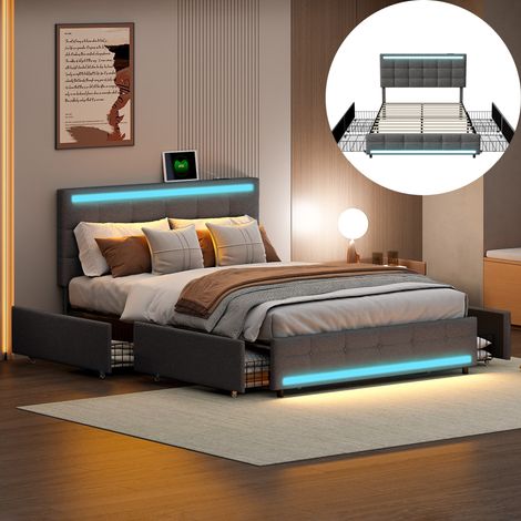 Cama capitonada 140x190 cm, cama doble para adulto - con 4 cajones, somier a lattes de madera maciza, iluminación LED, 2 puertos USB, revestimiento en lino - Gris (1/5)