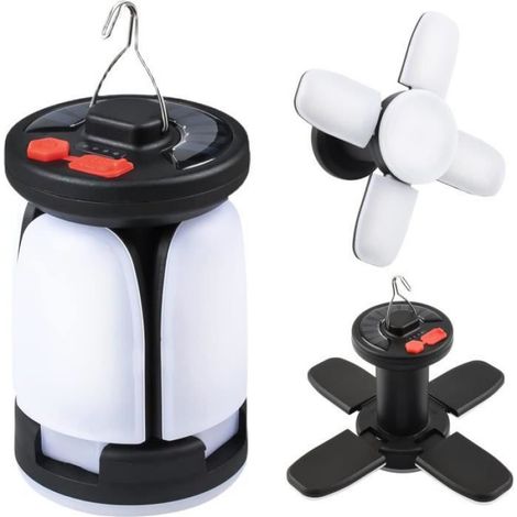 Lampe Camping Solaire - 1000 Lm - 6 Modes Éclairage - Étanche IPX4 - Pliable 360° - Crochet Intégré - 2 Batteries Rechargeables - USB + Panneau Solaire - 1 Pièce (1/4)