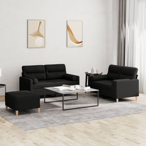 3-tlg. Sofagarnitur mit Kissen Schwarz Stoff (1/5)