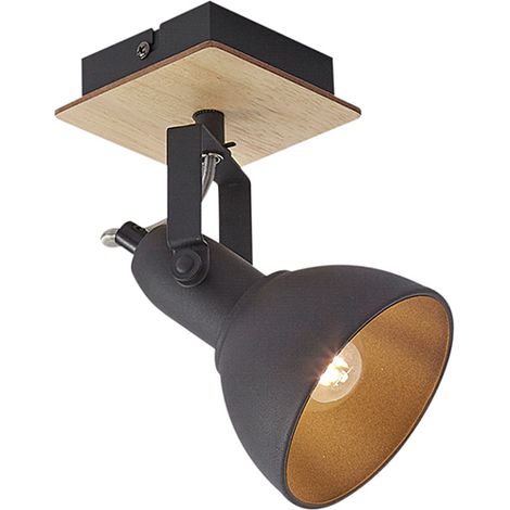 QAZQA Industrieller Strahler schwarz mit Holz dreh- und neigbar -