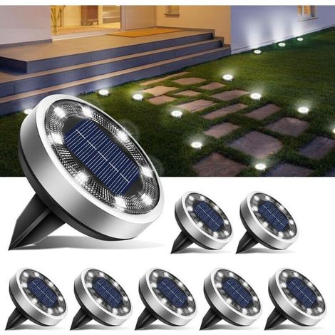 Lot de 8 lampes solaires de sol, 8 LED d'extérieur, étanches, pour allées, pelouses, patios, allées, cours, piscines, blanc froid [efficacité énergétique E] (1/5)