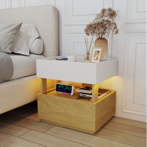 Mesita de noche (50x40x50 cm), de dos niveles, con dos cajones, iluminación LED regulable, madera de ingeniería, natural y blanco (1/5)