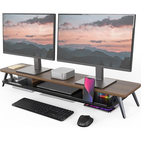 Fenge Dual Monitorständer mit Telefon/Pad Halter, 2 Etagen Groß Multifunktionaler Computer Laptop Bildschirm Riser 108x23,5x14,5cm Eiche