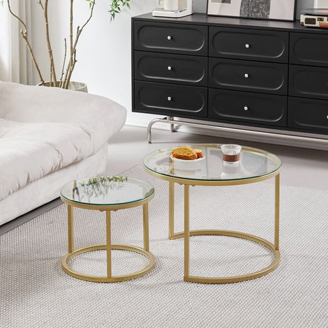Wokaka Tavolino in Stile Scandinavo / Set di Tavolini Sovrapponibili (2 Pezzi) — Piano in Vetro e Gambe in Metallo, Rotondo (6040cm)